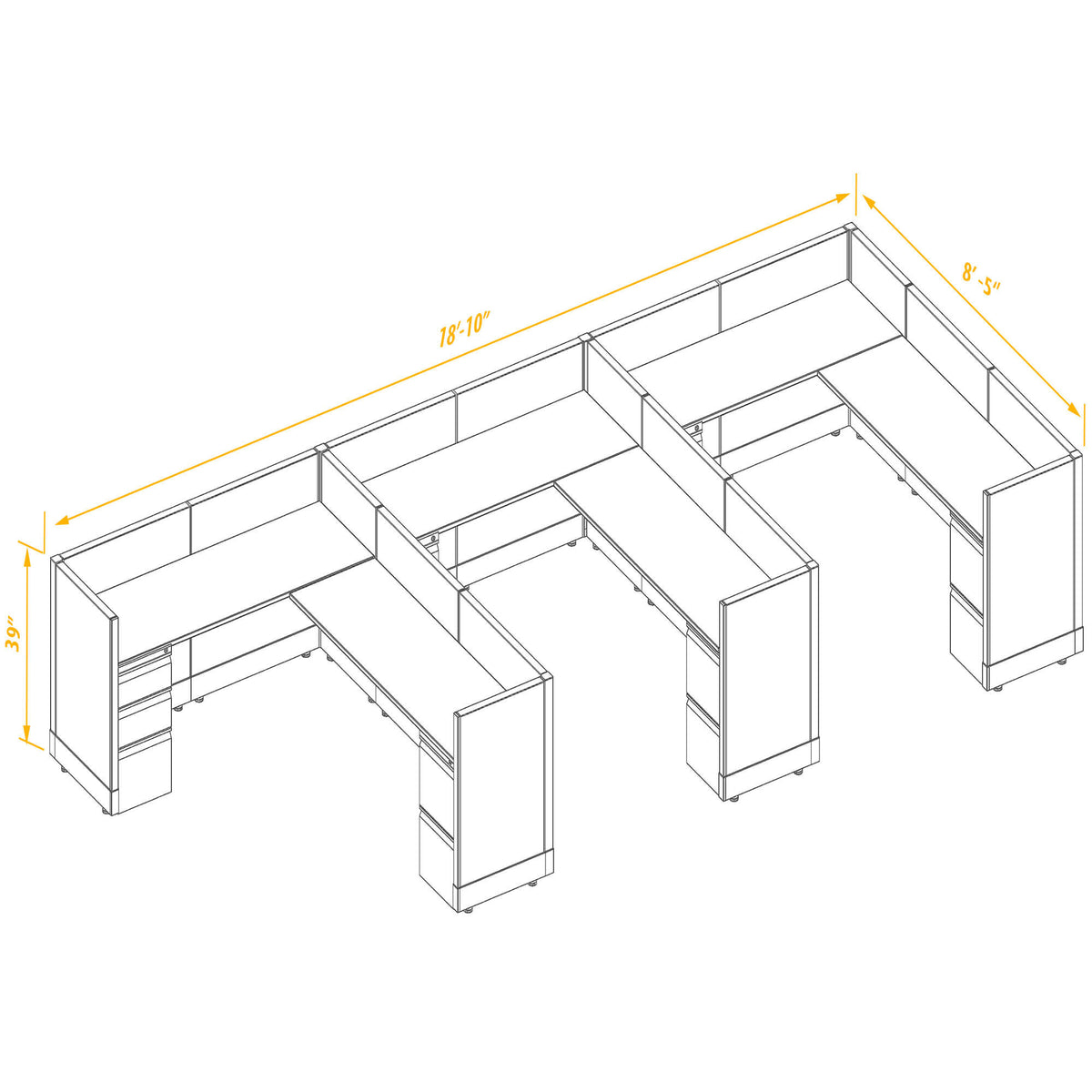 L-Shaped Cubicles 39H 3-Pack In-Line Non-Powered