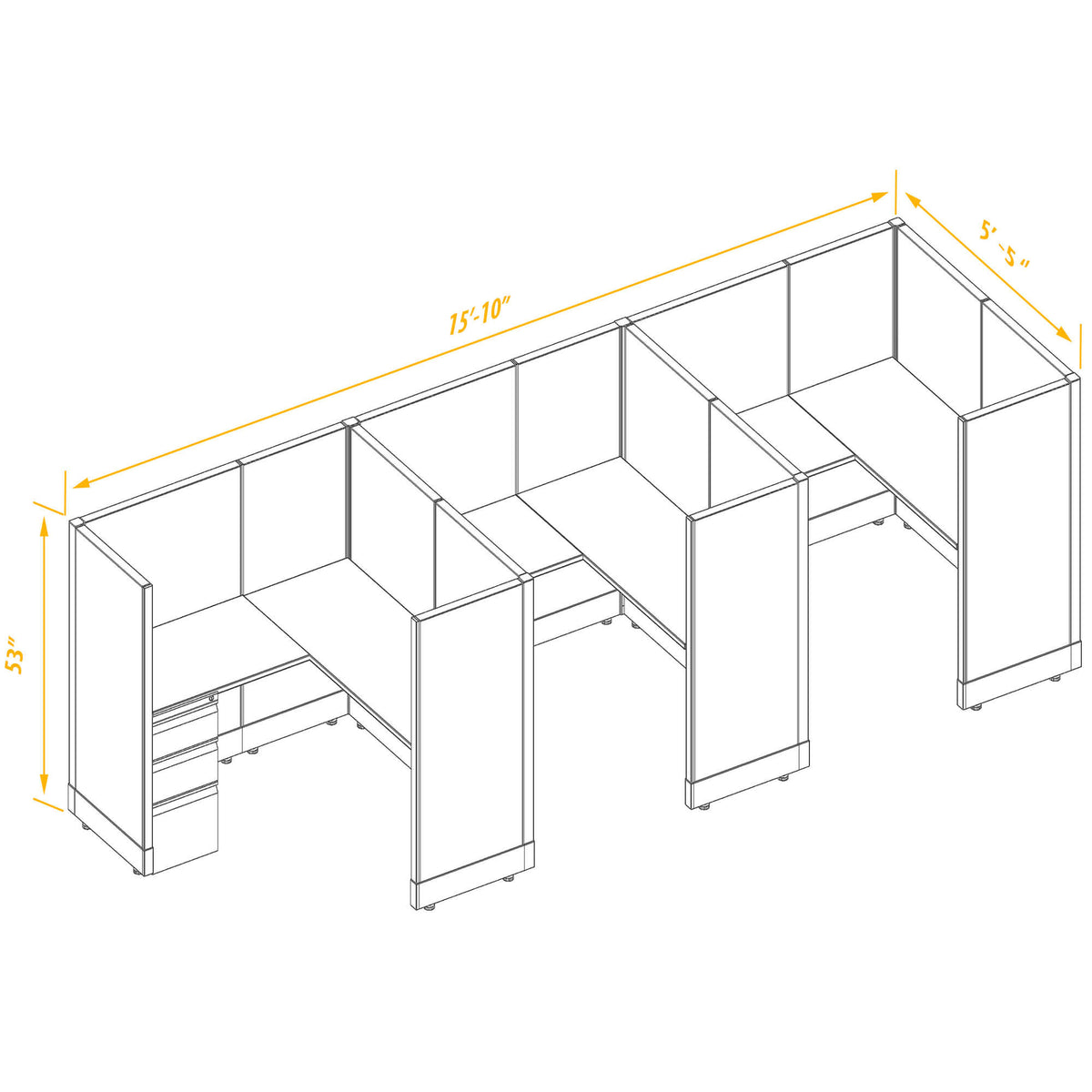 L-Shaped Cubicles 53H 3-Pack In-Line Non-Powered