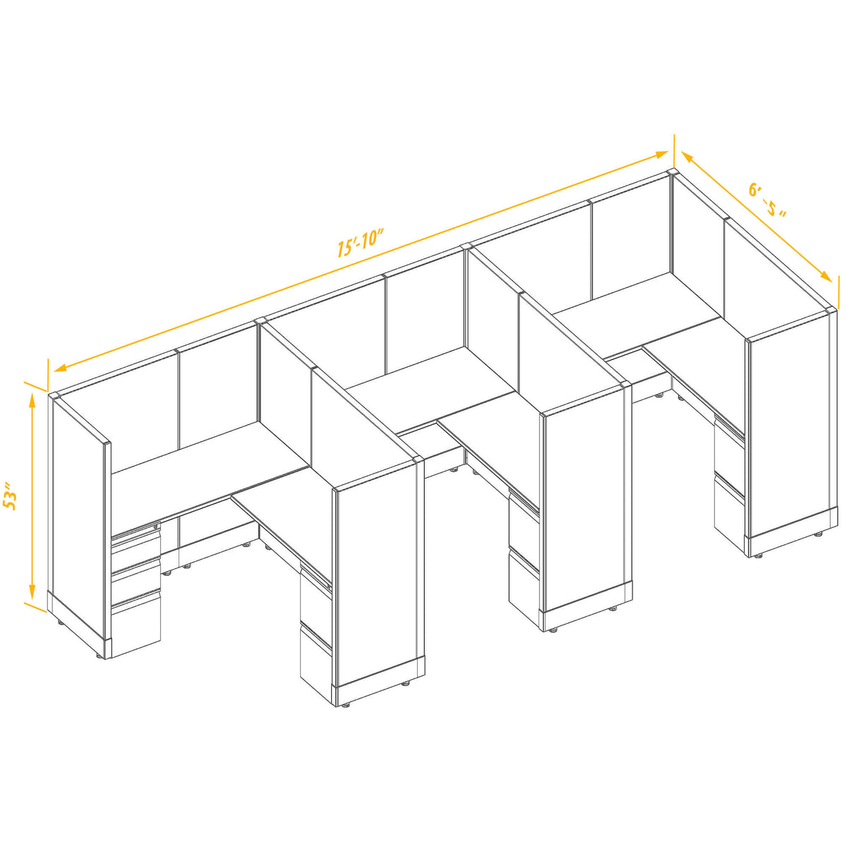 L-Shaped Cubicles 53H 3-Pack In-Line Non-Powered