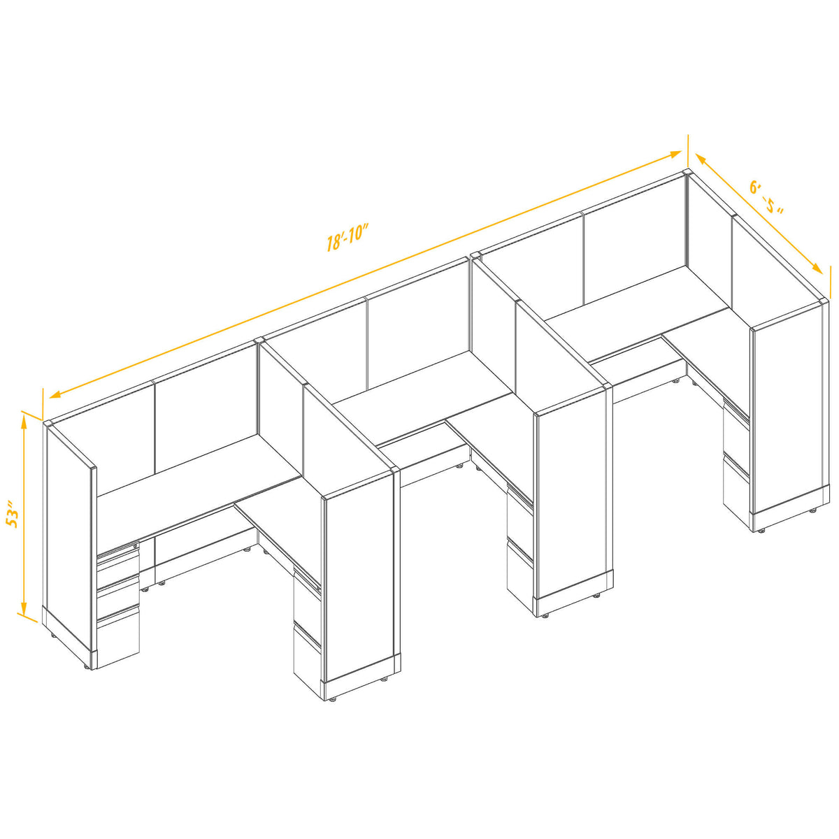 L-Shaped Cubicles 53H 3-Pack In-Line Non-Powered