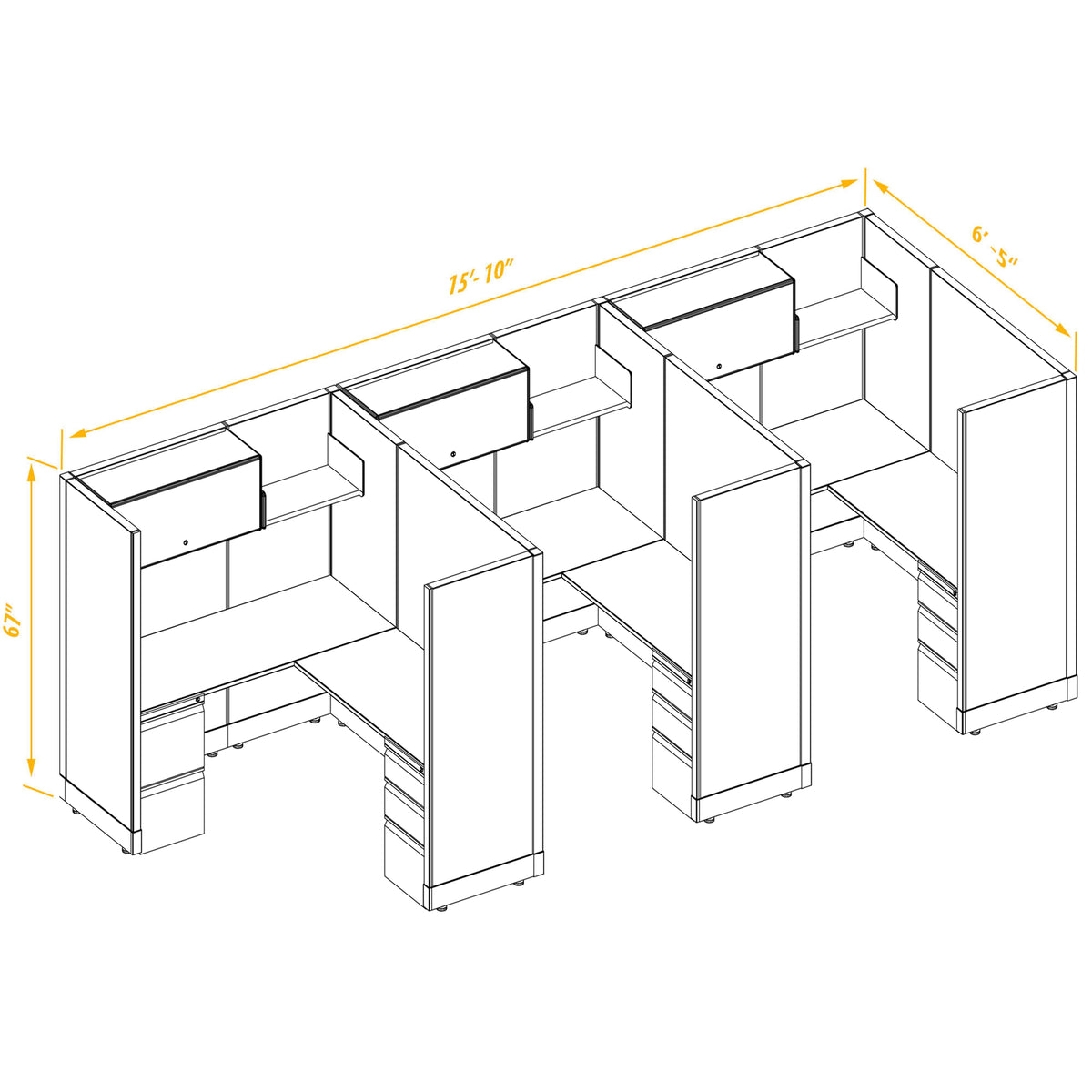 L-Shaped Cubicles 67H 3-Pack In-Line Non-Powered
