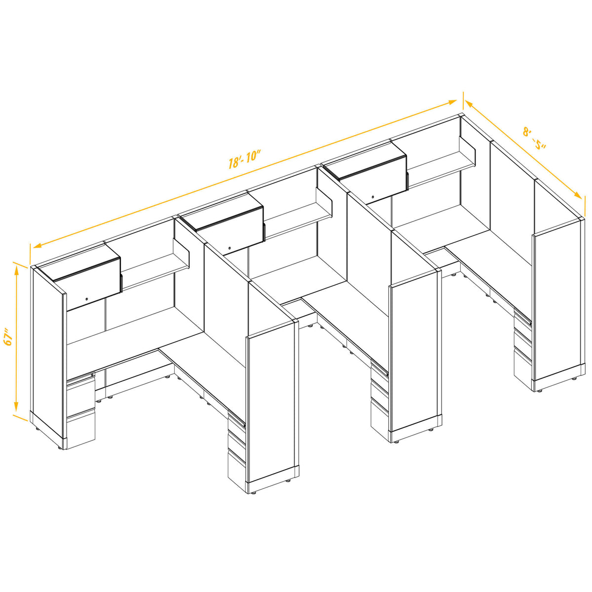 L-Shaped Cubicles 67H 3-Pack In-Line Non-Powered