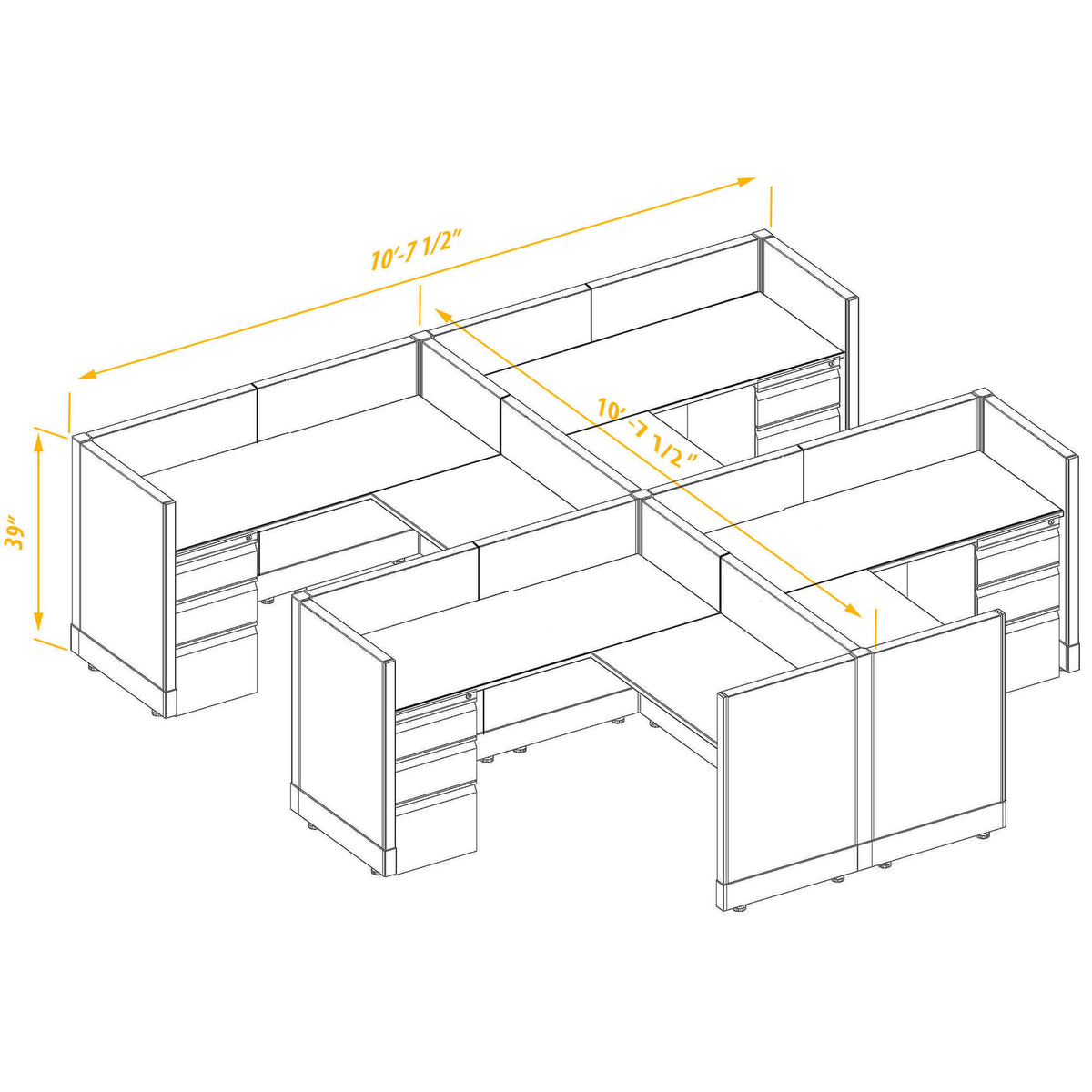 L-Shaped Cubicles 39H 4-Pack Cluster Non-Powered