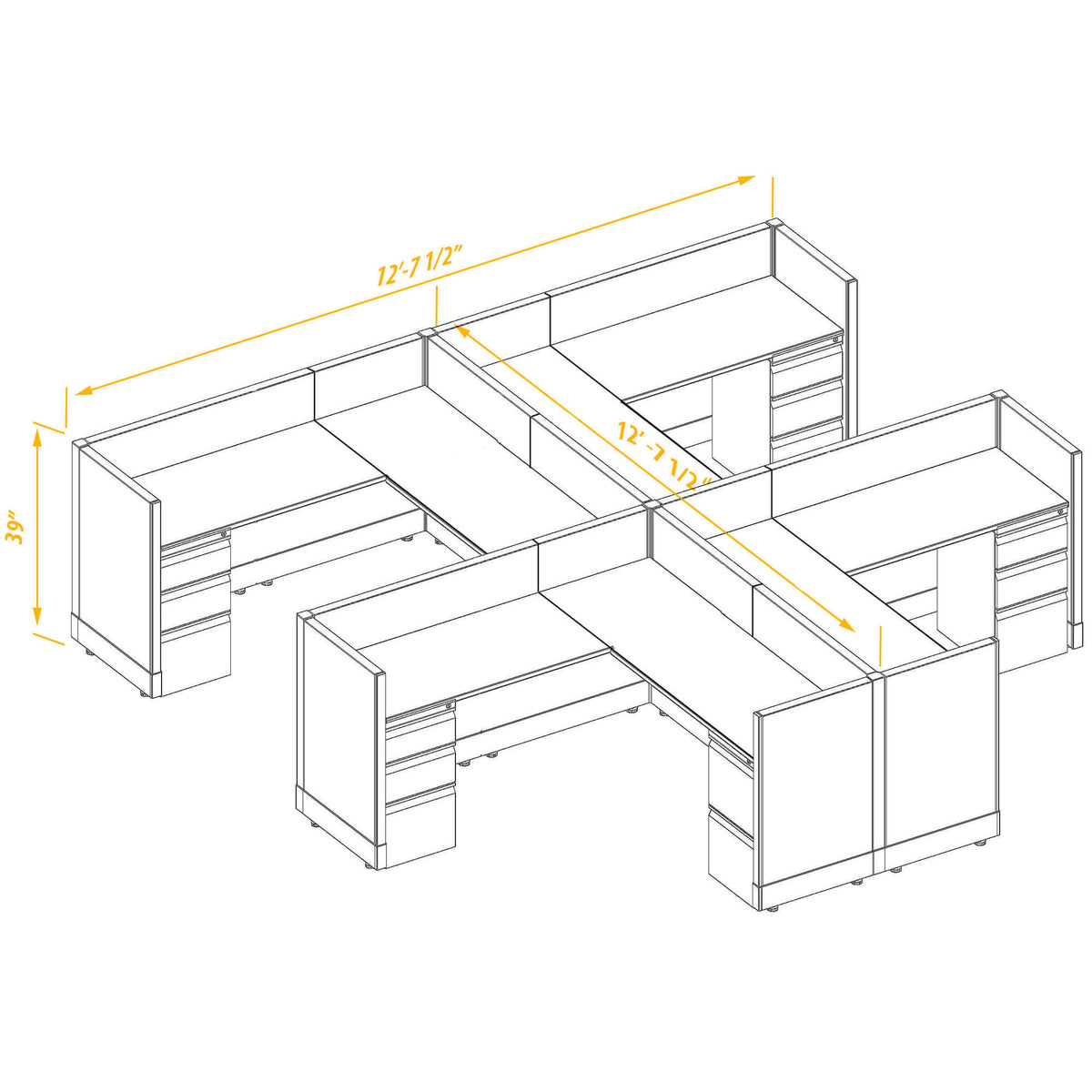 L-Shaped Cubicles 39H 4-Pack Cluster Non-Powered