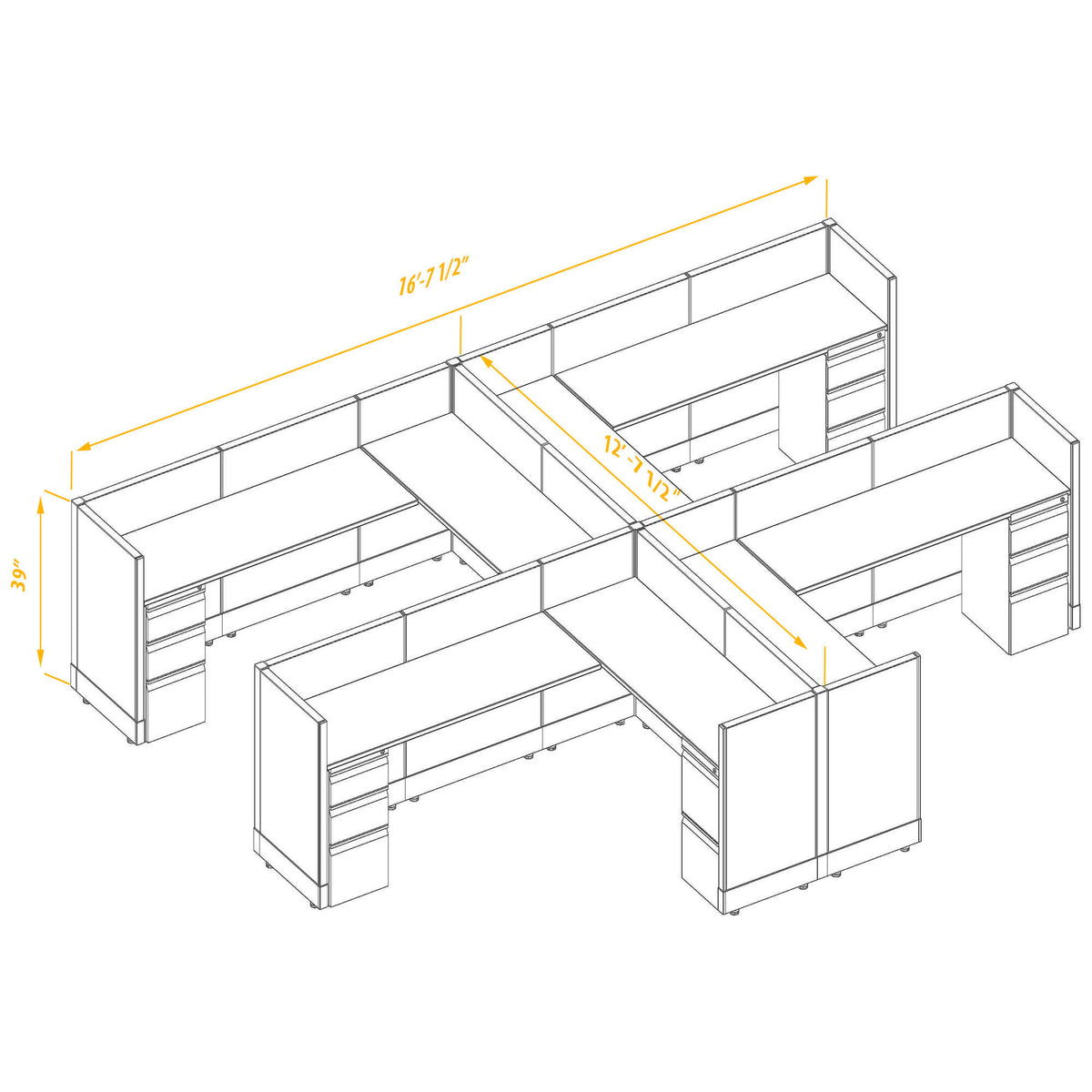 L-Shaped Cubicles 39H 4-Pack Cluster Non-Powered