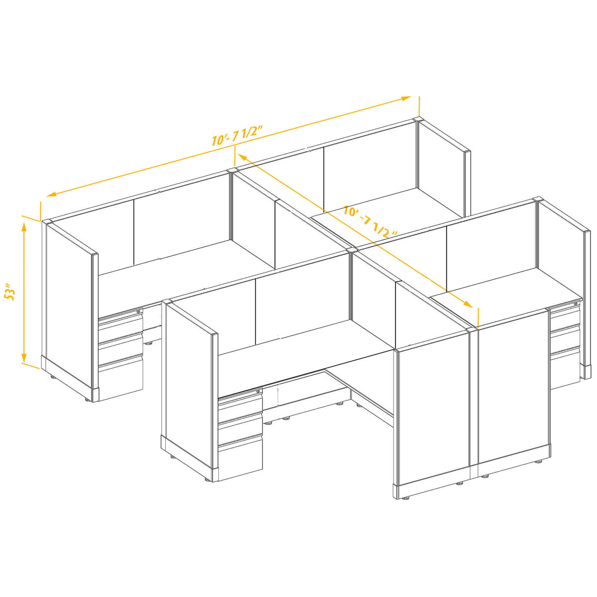 L-Shaped Cubicles 53H 4-Pack Cluster Non-Powered