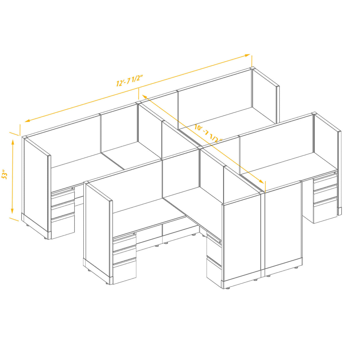 L-Shaped Cubicles 53H 4-Pack Cluster Non-Powered