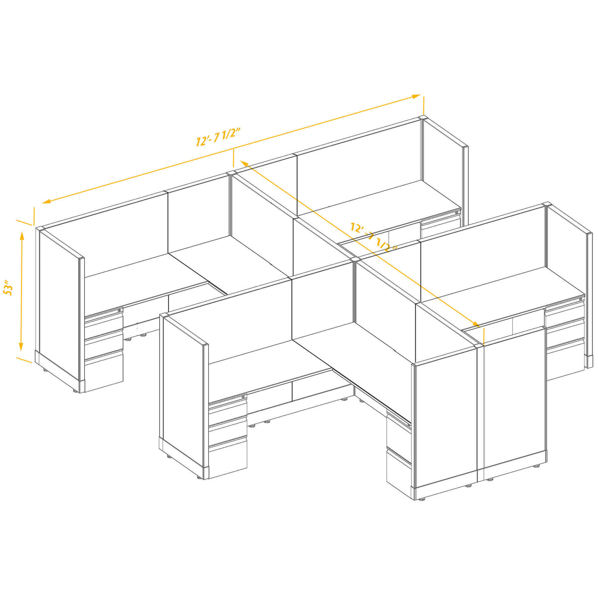 L-Shaped Cubicles 53H 4-Pack Cluster Non-Powered