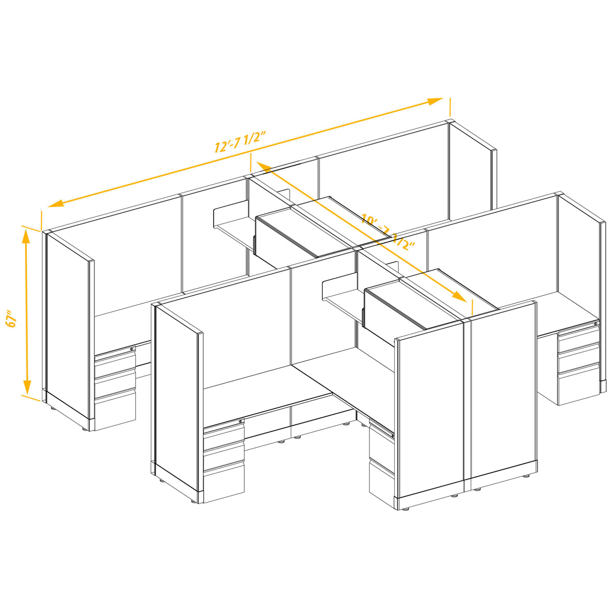 L-Shaped Cubicles 67H 4-Pack Cluster Non-Powered