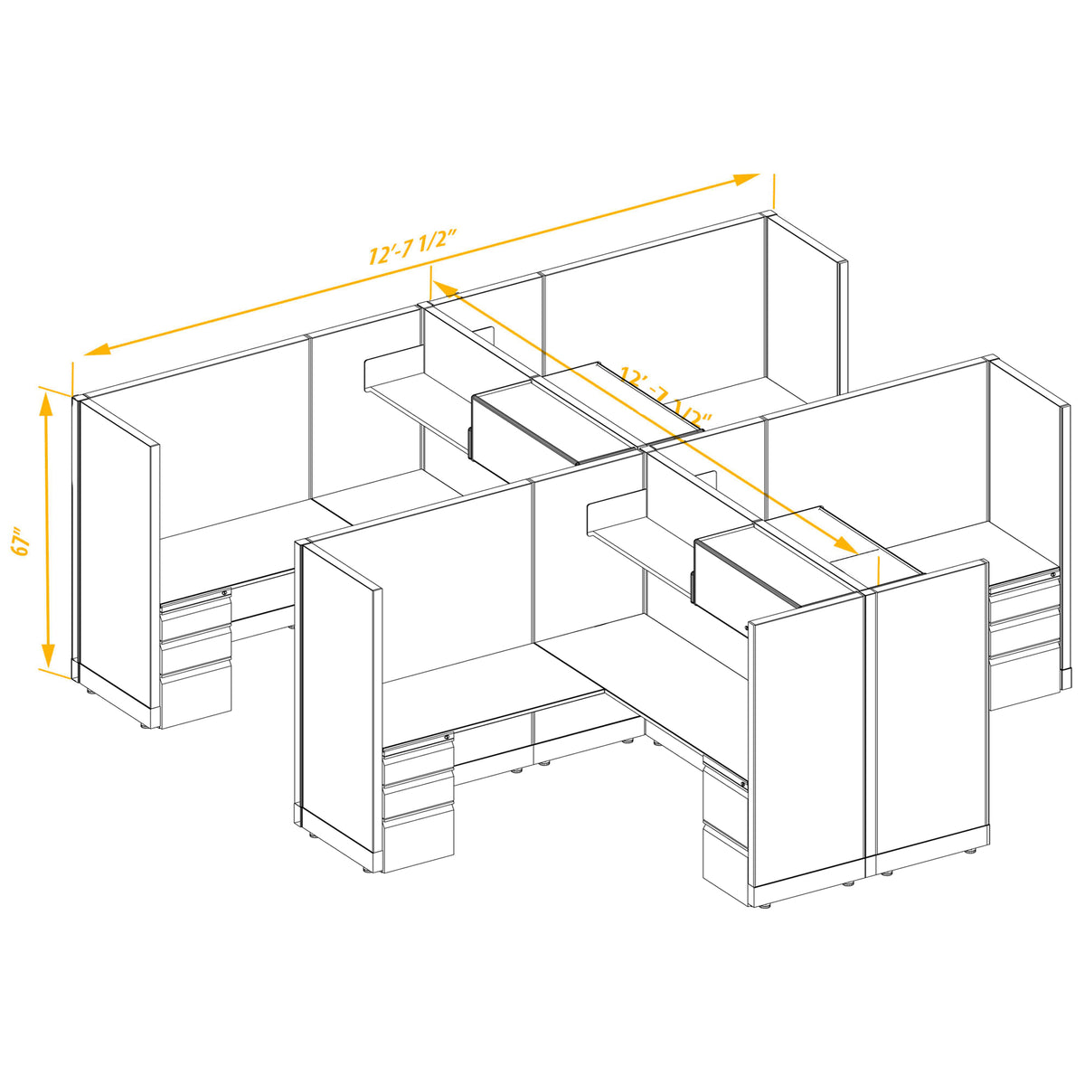 L-Shaped Cubicles 67H 4-Pack Cluster Non-Powered