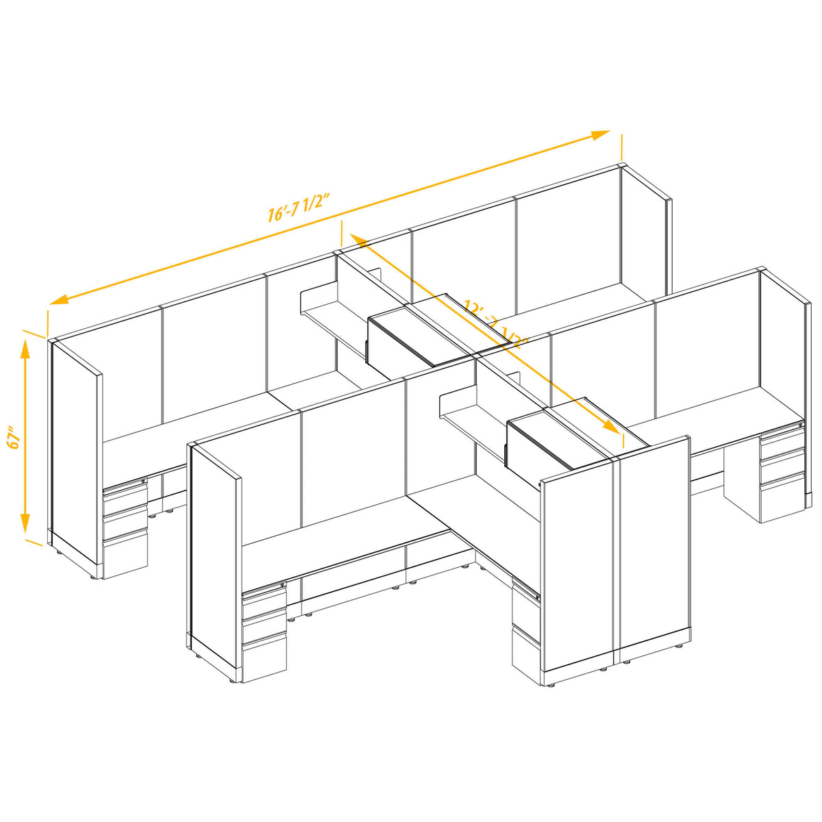 L-Shaped Cubicles 67H 4-Pack Cluster Non-Powered