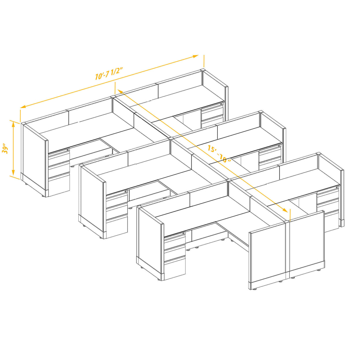 L-Shaped Cubicles 39H 6-Pack Cluster Non-Powered