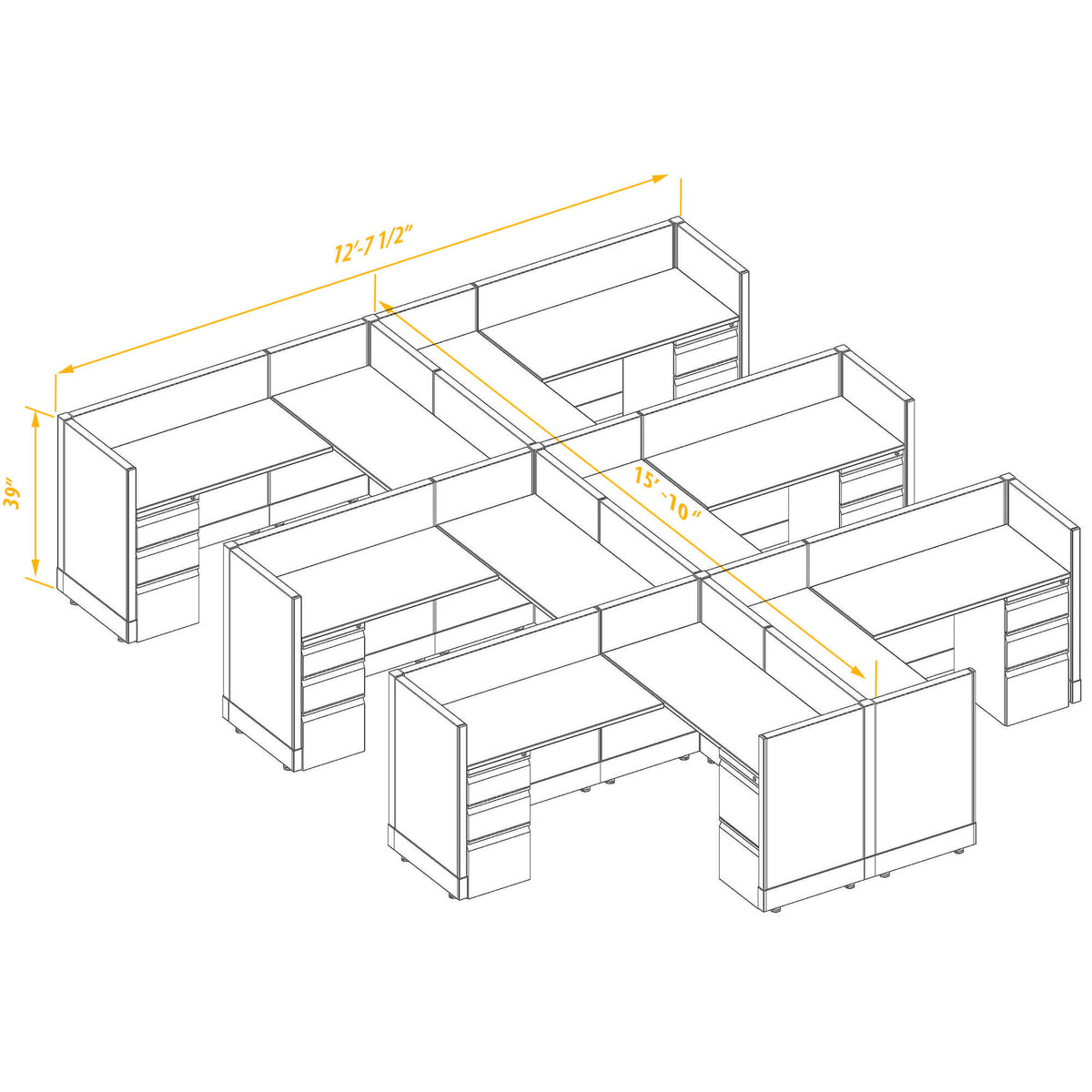 L-Shaped Cubicles 39H 6-Pack Cluster Non-Powered