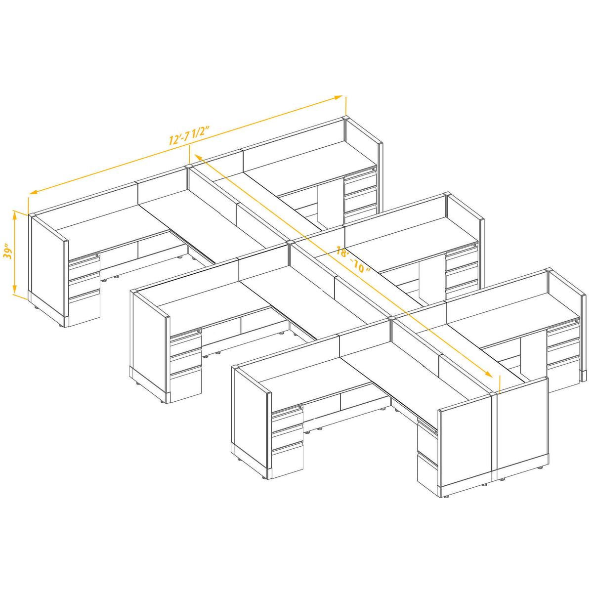 L-Shaped Cubicles 39H 6-Pack Cluster Non-Powered