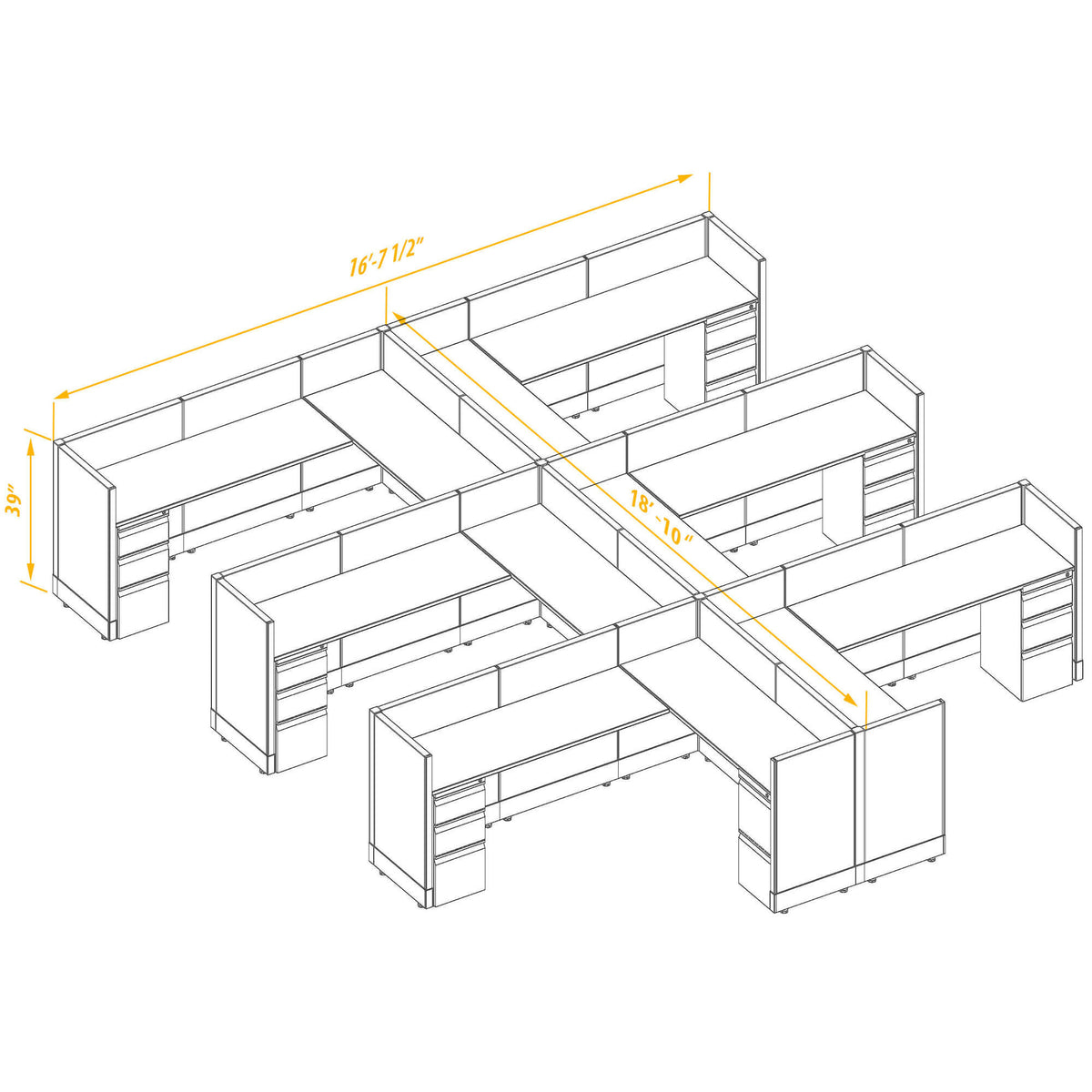 L-Shaped Cubicles 39H 6-Pack Cluster Non-Powered