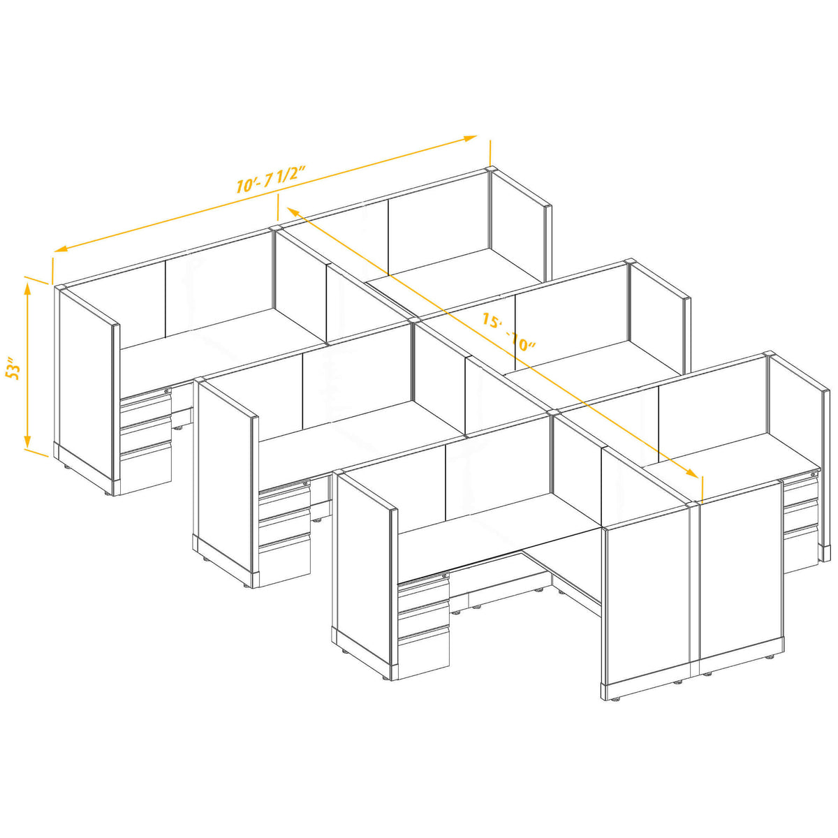 L-Shaped Cubicles 53H 6-Pack Cluster Non-Powered