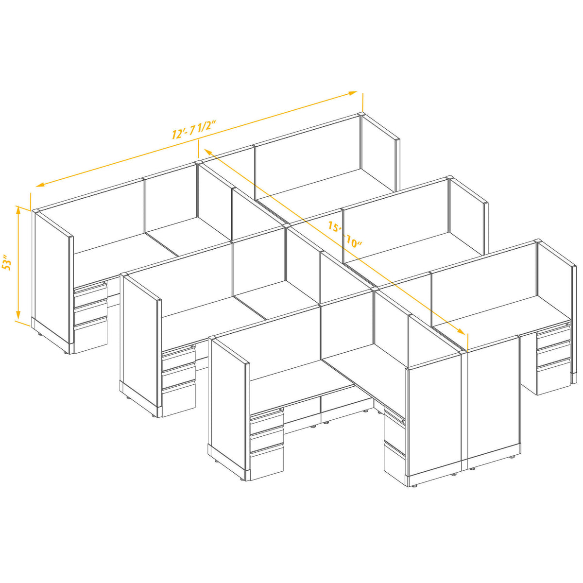 L-Shaped Cubicles 53H 6-Pack Cluster Non-Powered