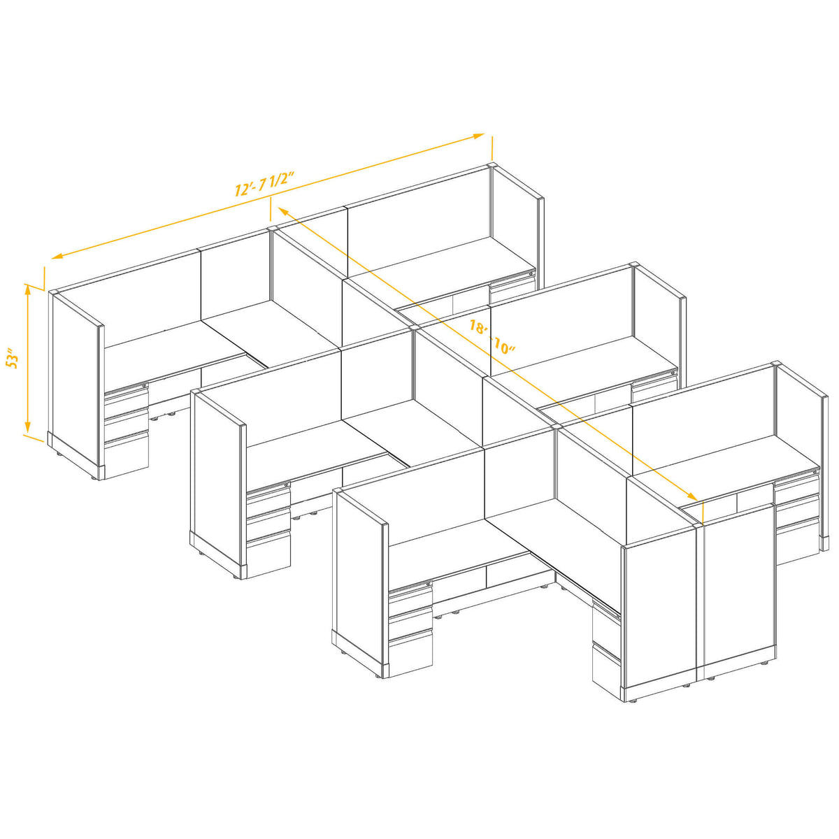 L-Shaped Cubicles 53H 6-Pack Cluster Non-Powered