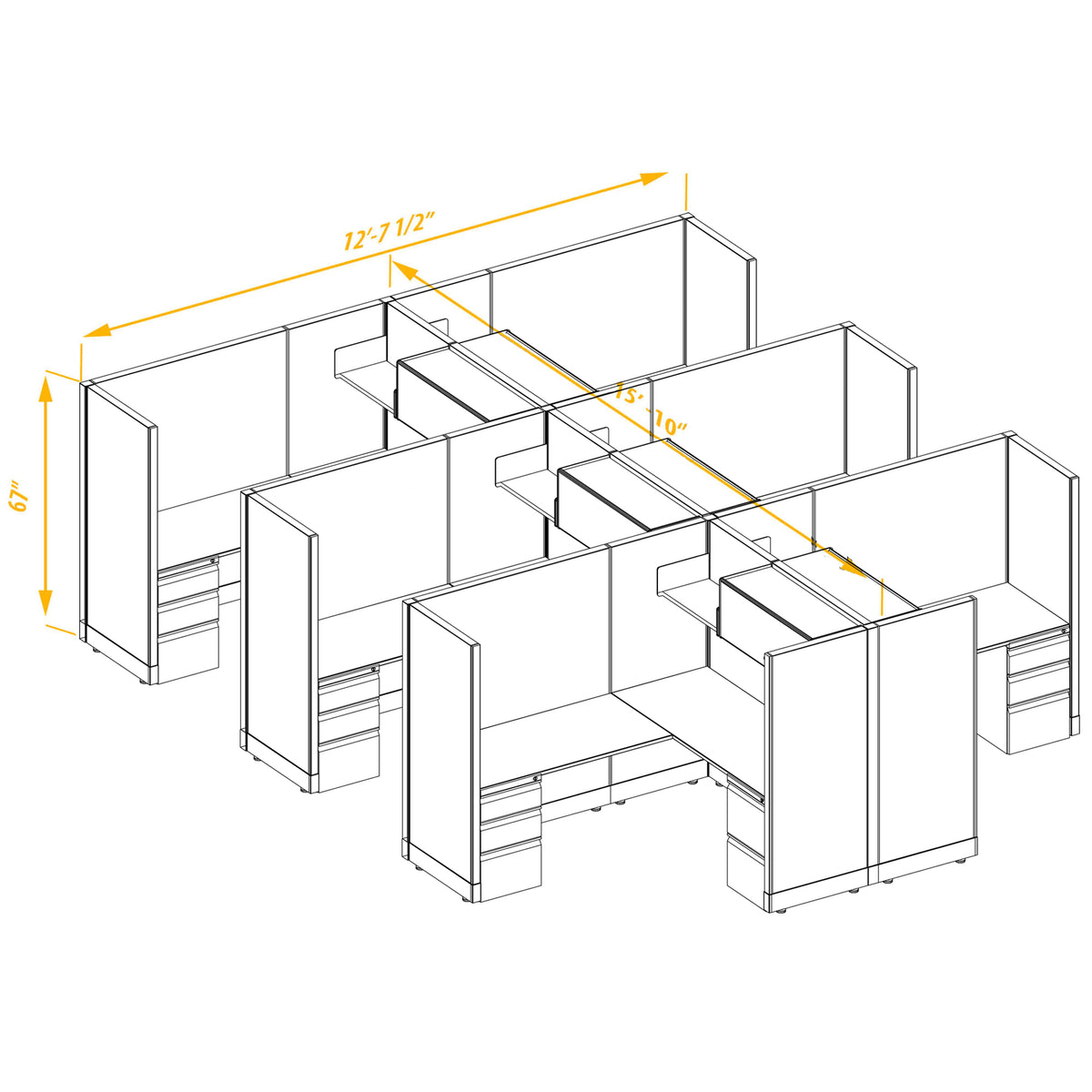 L-Shaped Cubicles 67H 6-Pack Cluster Non-Powered