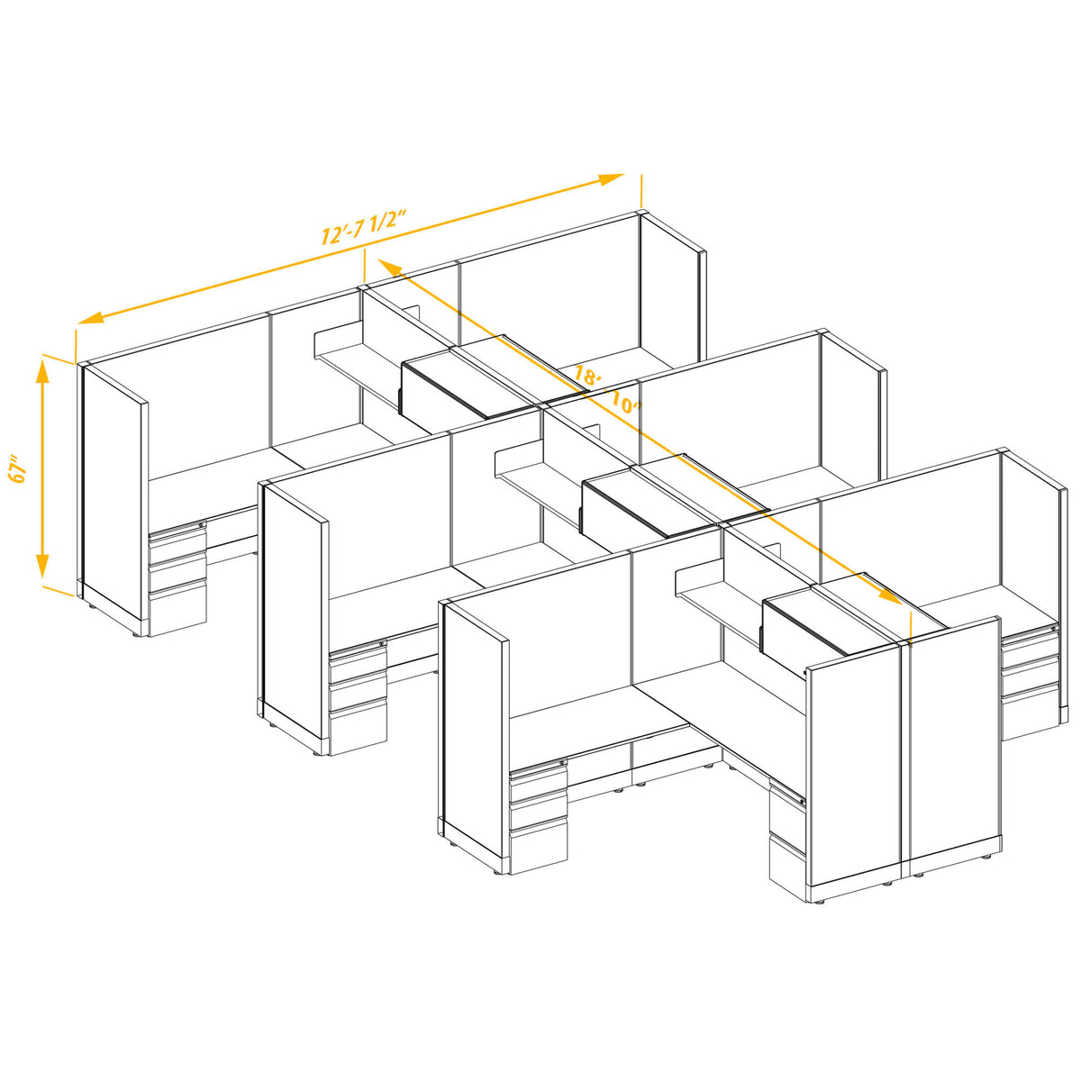 L-Shaped Cubicles 67H 6-Pack Cluster Non-Powered