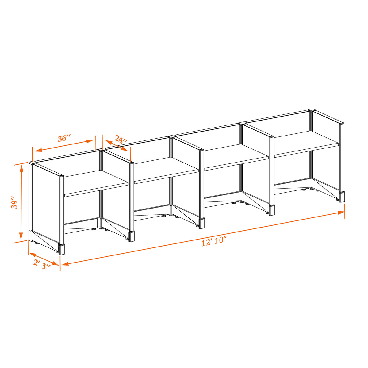 Call Center Cubicles 39H 4-Pack In-Line Non-Powered