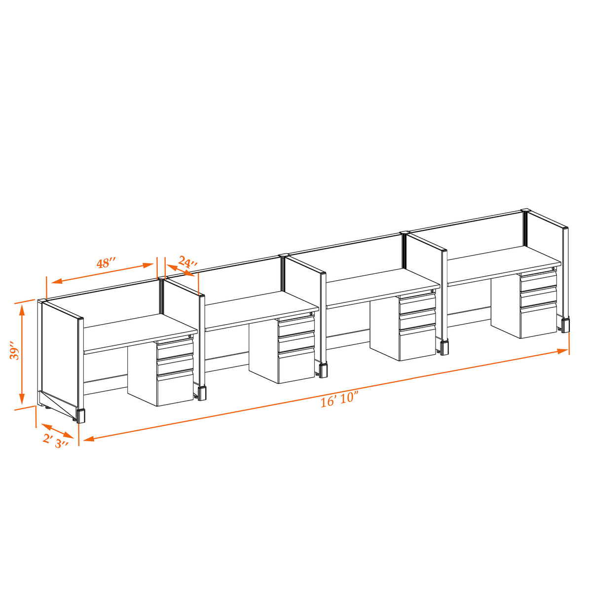 Call Center Cubicles 39H 4-Pack In-Line Non-Powered