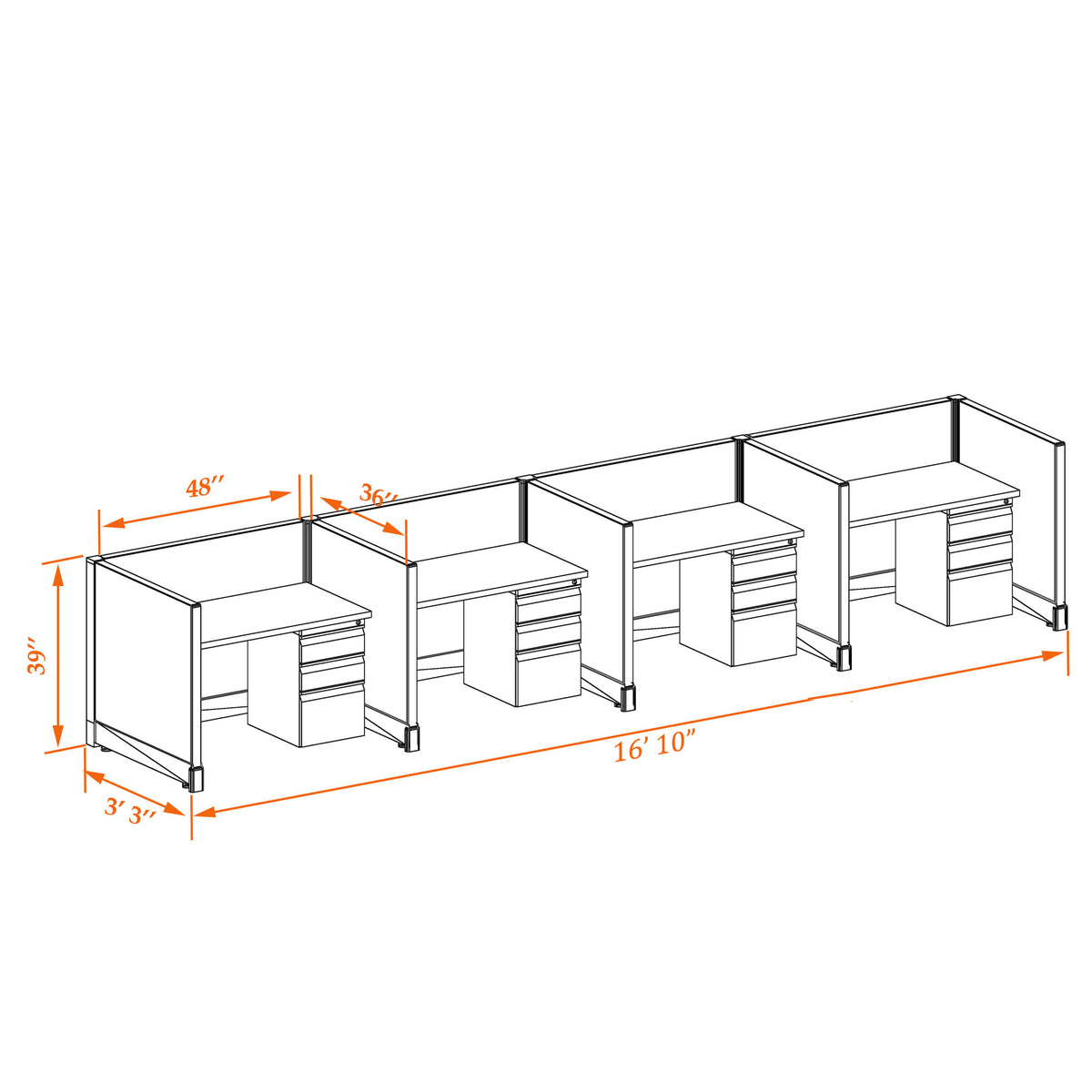 Call Center Cubicles 39H 4-Pack In-Line Non-Powered