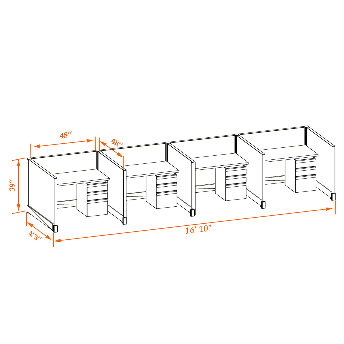 Call Center Cubicles 39H 4-Pack In-Line Non-Powered
