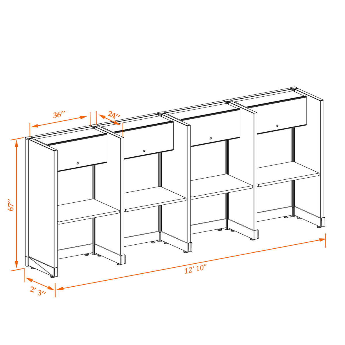 Call Center Cubicles 67H 4-Pack In-Line Non-Powered