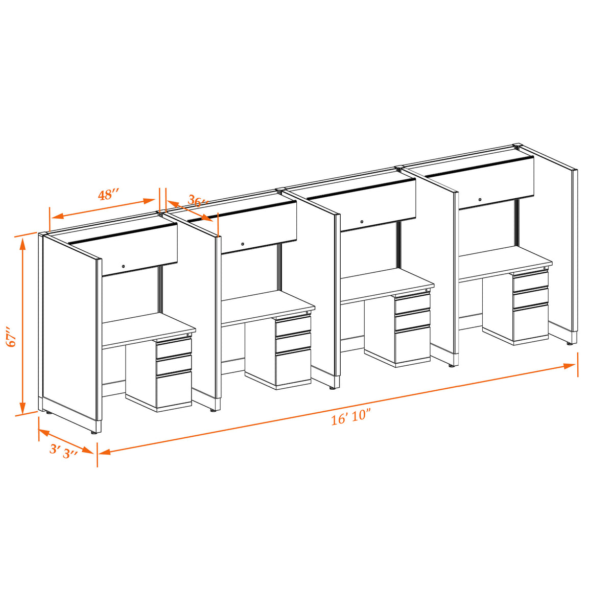 Call Center Cubicles 67H 4-Pack In-Line Non-Powered