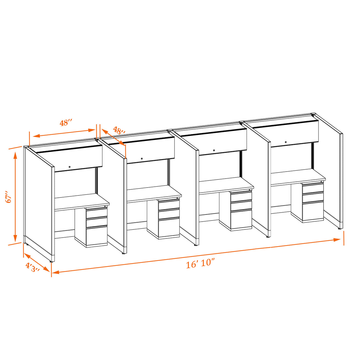 Call Center Cubicles 67H 4-Pack In-Line Non-Powered
